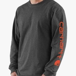 Carhartt Charcoal Long-Sleeve Tee with Orange Sleeve Logo